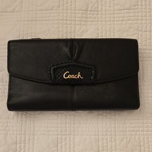 Coach Black Leather Continental Wallet with Gold Script Logo